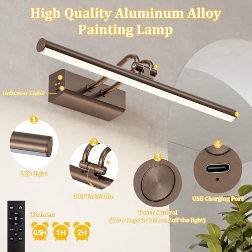 Picture Lights for Wall, 13.8in, Brown, 4000mAh, Rechargeable, RF Remote