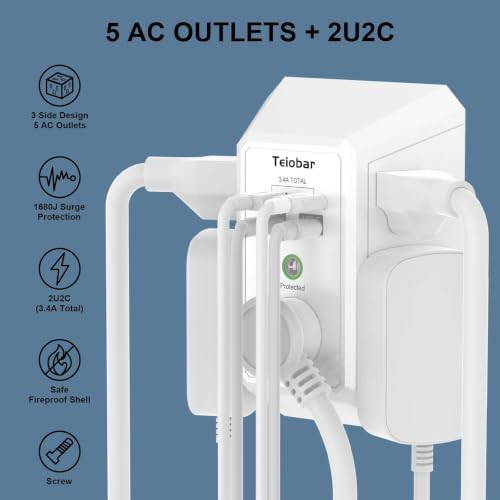 Wall Charger, Surge Protector, Teiobar 5 Outlets and 4 USB Ports(2USB-C)
