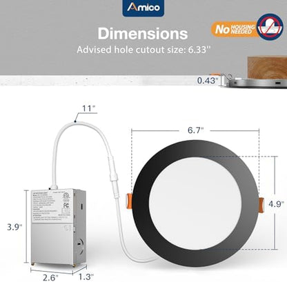 Amico 48 Pack 6 Inch LED Recessed Lighting, Canless Wafer Downlight, Black