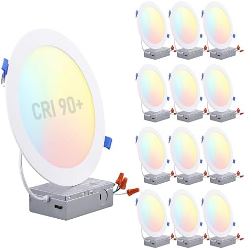 TORCHSTAR 12-Pack 5CCT 8 Inch Ultra-Thin LED Recessed Light, CRI90 18W