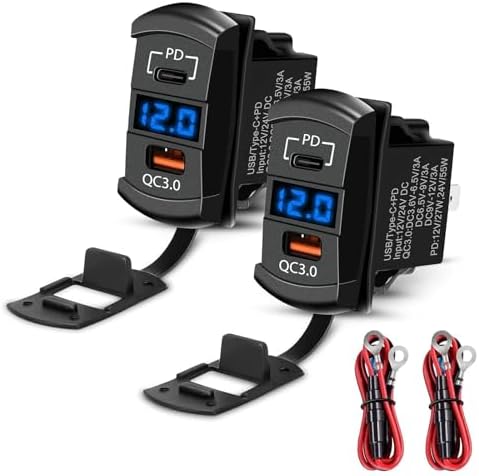Linkstyle 2PCS Car Rocker Switch Outlet, 36W QC3.0 USB-A Port & 55W PD Port Charger Socket with LED Voltmeter for 12V/24V RV Boat Motorcycle