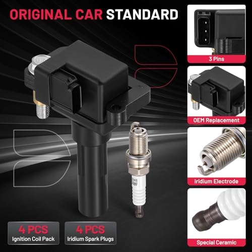 BDFHYK 4 Ignition Coil Pack UF480 and 4 Iridium Spark Plug 7090 Compatible with Subaru Impreza 2002 2003 2.0L H4 Coil for UF-480 E960 52-1749 IC560 22433-AA421 22433-AA560 22433-AA561