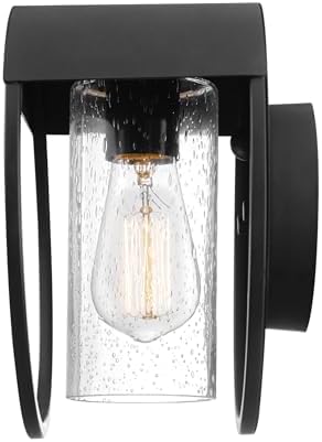 Globe Electric 44388 1-Light Indoor/Outdoor Wall Sconce, Matte Black Finish, Seeded Glass Shade, Weather-Resistant, E26 Base