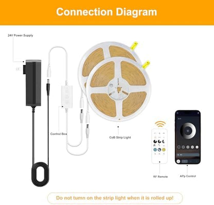 Pandery COB LED Strip Lights Cool White,24V Dimmable led Light Strip KIT with Remote and app Control,6000K 65FT/20m 8mm Wide Ra>90 Cuttable Flexible Strip Lights for Bedroom,Shelf,Cabinet