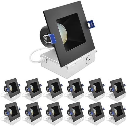 LUXRITE 4 Inch Square LED Recessed Ceiling Light with J-Box, CRI90, 12W, 5CCT Selectable 2700K-5000K, 840 Lumens, Dimmable Canless Downlight, Wet Rated, IC Rated, ETL, Black Trim (12 Pack)