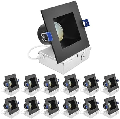 LUXRITE 4 Inch Square LED Recessed Ceiling Light with J-Box, CRI90, 12W, 5CCT Selectable 2700K-5000K, 840 Lumens, Dimmable Canless Downlight, Wet Rated, IC Rated, ETL, Black Trim (12 Pack)