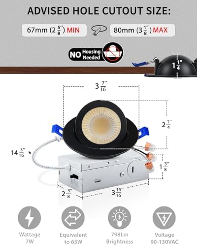 Adetu 3 Inch Black Gimbal LED Recessed Light, 5CCT, 7W=65W, 798LM, 4 Pack