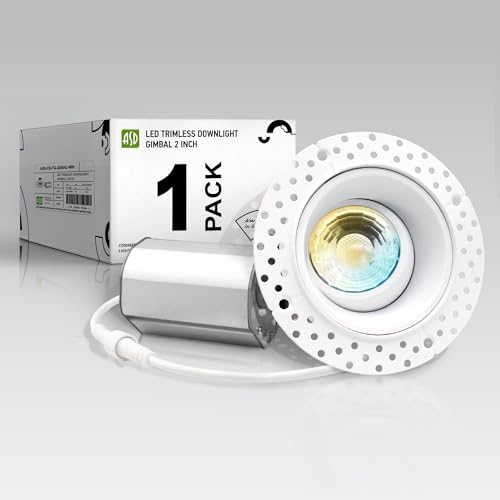 ASD 2 Inch Trimless Gimbal LED Recessed Ceiling Light Fixture, Adjustable Directional Downlight with Junction Box, 5CCT 2700K-5000K, 8W 717 Lumens, CRI90+, Anti-Glare, Dimmable, IC & Wet Rated, ETL