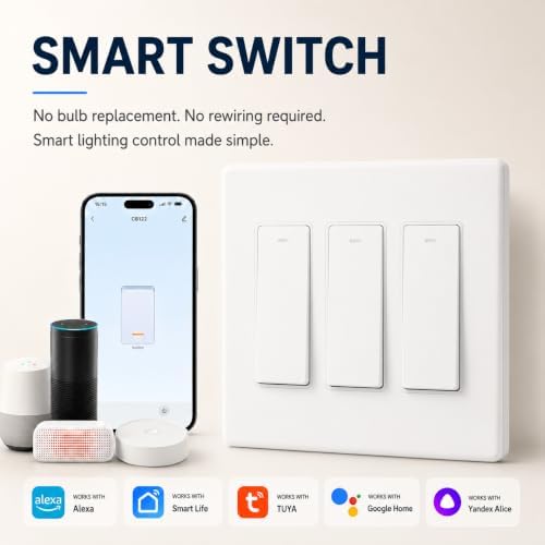 Smart Switch for Light 3 Gang, Neutral Wire Required, 2.4GHz Wi-Fi Switch Compatible with Alexa and Google Home, UL Certified