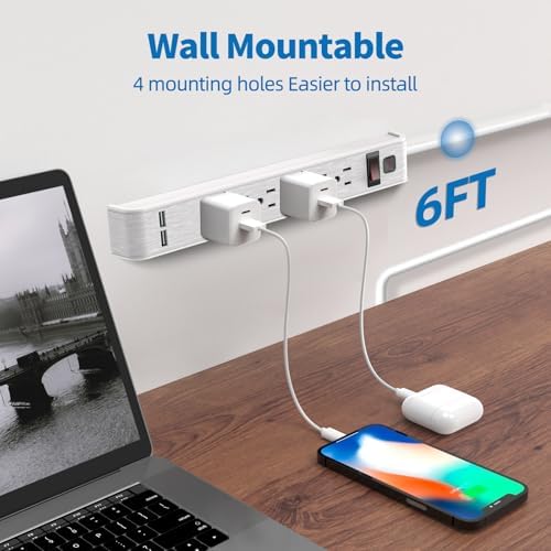 TiFFCOFiO Power Strip Surge Protector, 6 Outlets with 2 USB Ports,