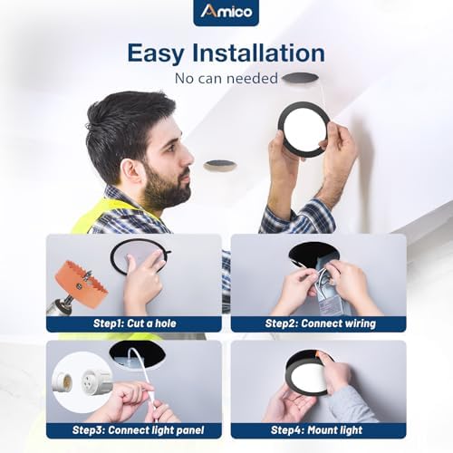 Amico 48 Pack 4 Inch LED Recessed Lighting, Canless Wafer Downlight, Black