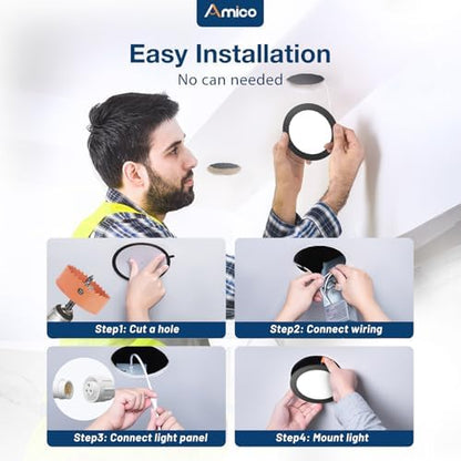 Amico 48 Pack 4 Inch LED Recessed Lighting, Canless Wafer Downlight, Black