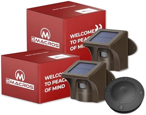 eMACROS 1/2 Mile Solar Wireless Driveway Alarm, 1 Receiver & 2 Sensors