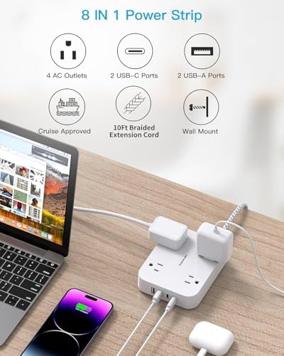 10 Ft Extension Cord, Flat Power Strip with 4 Outlets 4 USB Ports (2 USB C)