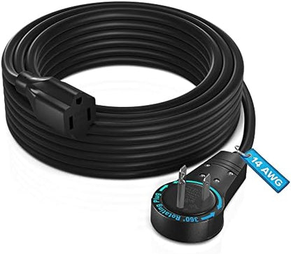 Maximm 25 Ft 360 Rotating Flat Plug Extension Cord, 14 AWG, Black, UL