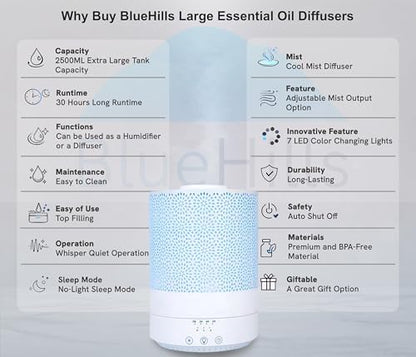 BlueHills 2500 ML XL Essential Oil Diffuser Aroma Humidifier Décor White