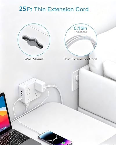 25 Ft Extra Long Extension Cord, 1080J Surge Protector Power Strip HANYCONY