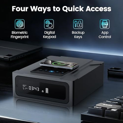 XDeer Smart Biometric Gun Safe for Handgun, 4 Ways Quick Access Fingerprint Gun Safes,Bluetooth App Control, Nightstand Smart Safes Box with Wireless Charging for Phone, Gun Safe Alarm Clock 1pcs
