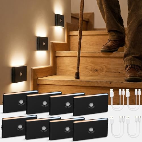 wowatt 8PCs Rechargeable Stair Lights Motion Sensor Indoor,3 Color Changing