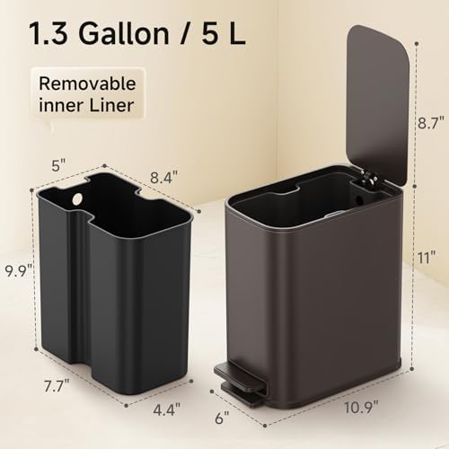 TIPGO Small Bathroom Trash Can with Lid Soft Close,1.3 Gallon, Brown