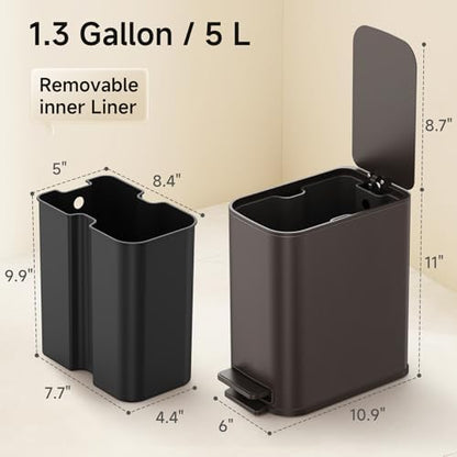 TIPGO Small Bathroom Trash Can with Lid Soft Close,1.3 Gallon, Brown