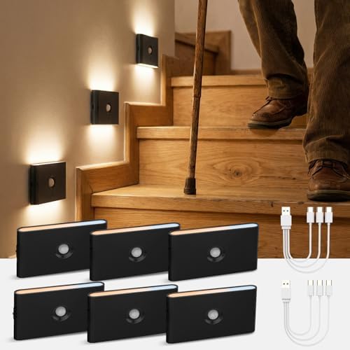 wowatt 6PCs Rechargeable Stair Lights Motion Sensor Indoor,3 Color Changing