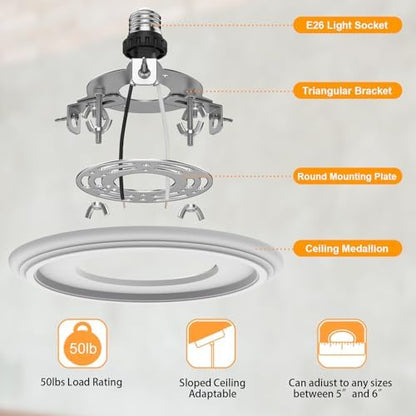 2-Pack Recessed Light to Pendant Converter Kit, Adjustable for 5 and 6 inch Recessed Can Light Conversion Kit, Includes E26 Socket, Triangular Bracket, Round Mounting Plate & 3D White Cover
