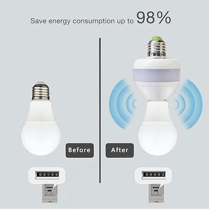 Smart Radar Motion Sensor Light Socket Adapter – E26/E27 Screw-in Add-On, Dusk-to-Dawn, Invisible Radar Through Glass-Wall, Works with LED CFL Incandescent Bulbs （1-Pack）