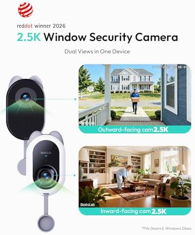 BOTSLAB Dual-Lens 4MP Window Camera for Home Security, No Drill, Anti-Glare
