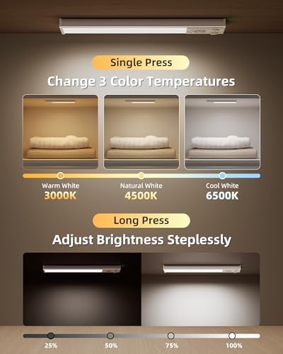 EZVALO Under Cabinet Lighting Wireless, 8'' 1800mAh Rechargeable Closet Light, LED Motion Sensor Lights with Power Display, Dimmable & 3 Color Temps, Under Counter Lights for Kitchen, Pantry, Stairs