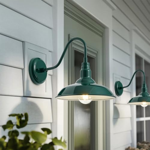 10in Outdoor Gooseneck Barn Light Wall Mount, Green Exterior Farmhouse Porch Lights with White Interior Small Dome Outdoor Patio Gooseneck Wall Sconce Garage Lighting for House, Cabin