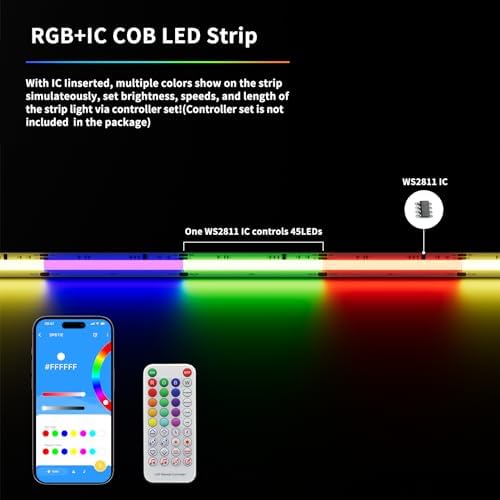 RGB Smart IC COB LED Strip Light 18ft Addressable Chasing Color 12V LED Light Strip Multicolored Flexible RGB Lights for Party, Decoration, Home DIY Lighting Projects(NO Adapter or Controller)