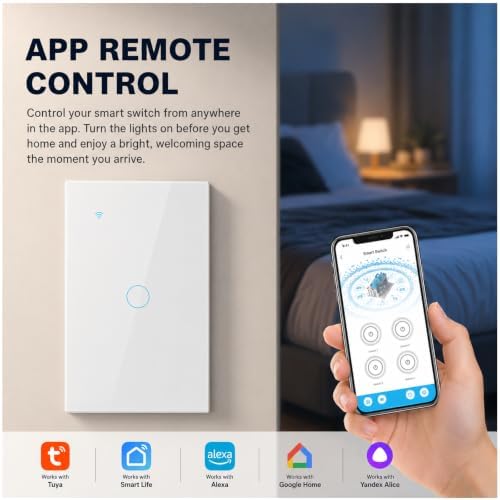 Smart Switch for Light 1 Gang, 2.4GHz Wi-Fi Switch Compatible with Alexa and Google Home,Voice Control, Remote Control, Timer & Schedule UL Certified, No Hub Required