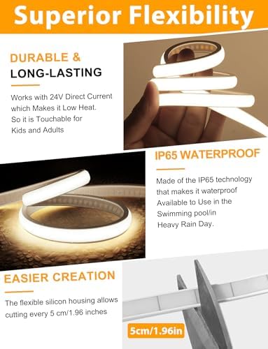 Lamomo COB LED Strip Lights 65.6Ft, 2 Roll Natural White Dimmable Self-Adhesive Led Rope Light with Remote, Flexible Cuttable Waterproof 4000K Silicone Neon Tape Lights for Bedroom, Indoor, Cabinet