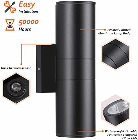 DAKAFUL Dusk to Dawn Outdoor Lighting Sensor Wall Lights 1 Pack, 12W 2700K Integrated LED Cylinder Up Down Lights Outdoor, IP65 Waterproof Aluminum Wall Sconce Exterior Wall Light for Porch Patio etc.