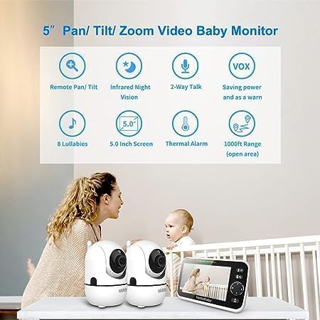 HelloBaby HB6550-2 5" Dual Camera Baby Monitor No WiFi, Pan Tilt Zoom