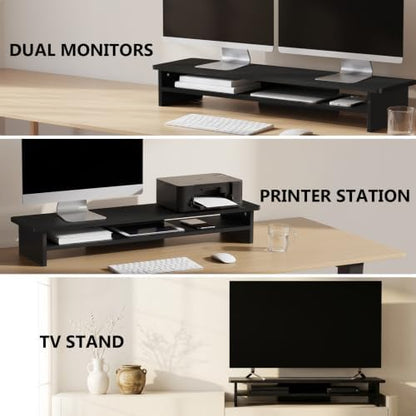 WALI 42 inch Large Wood Dual Monitor Stand Riser with Storage, up to 88lbs