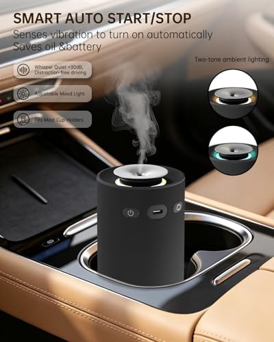 Waterless Essential Oil Diffuser for Home & Car,Fabric Covered with Ambient Light,2-in-1 Modes & Adjustable Mist Output,Cordless Portable Scent Machine with Auto Start-Stop,Fits 5/10/15ml