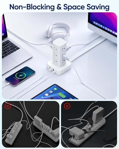 Power Strip Tower Surge Protector(2000J), Flat Plug Charging Station Tower with 12 AC Outlets & 4 USB Ports(2 USB C), 6FT Extension Cord for Home Office Dorm, White