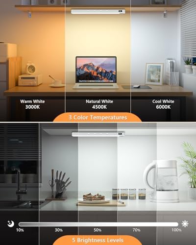 WILLED Under Cabinet & Closet Lights, Motion Sensor, Rechargeable, Magnetic, 3 Color Temps, Dimmable LED Light Bar for Indoor Kitchen Counter (4 Pack, White)