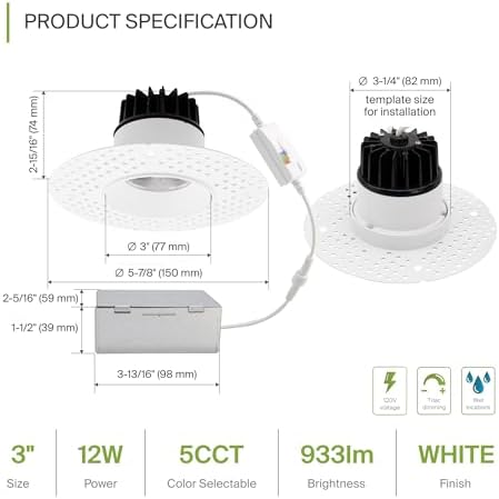 ASD 3 Inch Trimless LED Recessed Ceiling Light Fixture, Mud-in Canless Downlight with Junction Box, 5CCT 2700K-5000K, 12W 933 Lumens, CRI90+, Anti-Glare, Dimmable, IC & Wet Rated, ETL, 18 Pack