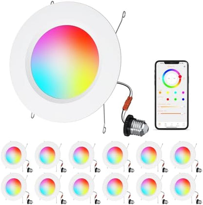 Color Changing LED Can Lights,12Pack Retrofit LED Recessed Lighting 5/6inch,13W 1050LM Smart Recessed Can Lights,Compatible with Alexa,Bluetooth APP Control,for Bedroom Kitchen Living Room