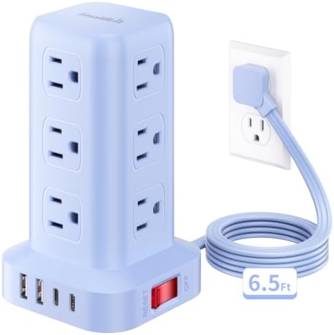 Extension Cord with Multiple Outlets, SMALLRT Power Strip Tower, Outlet Extender with 12 AC Outlets 4 USB, 6.5FT Extension Cord for Home Dorm Room, Office Supplies, Blue