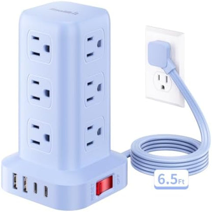 Extension Cord with Multiple Outlets, SMALLRT Power Strip Tower, Outlet Extender with 12 AC Outlets 4 USB, 6.5FT Extension Cord for Home Dorm Room, Office Supplies, Blue
