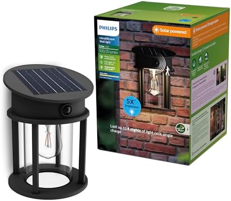 Philips Solar LED 1-Pack Geri UltraEfficient Outdoor Wall Light, Motion Sensor, 2700K, Round, Black, 500 Lumen, High Brightness, Glass, Metal