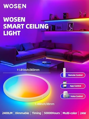 2 Pack 12 Inch Smart Ceiling Light Fixture, RGB LED Flush Mount Ceiling Light with Night Light, 24W 2400LM Ultra-Slim Ceiling Light with Remote, 16 Million DIY Colors, Works with Alexa/Google Home