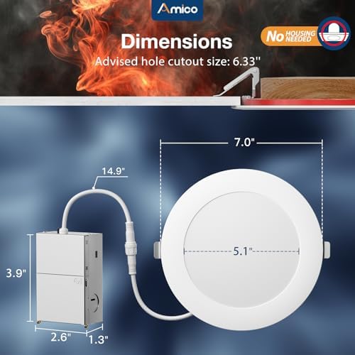 Amico 6 Pack 6 Inch Fire Rated LED Recessed Light, 2 HR Fire Rating, 5CCT