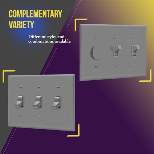 ENERLITES Triple Light Switch Wall Plate, Toggle Switch Plate, 3-Gang Gloss Finish, Mid-Size 4.88" x 6.77", Unbreakable Polycarbonate Thermoplastic, UL Listed, 8813M-GY, Gray