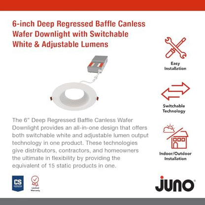 Juno 6" Canless Wafer LED Light, 5-in-1 CCT, Deep Regressed Baffle Trim 6Pk