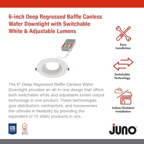 Juno 6" Canless Wafer LED Light, 5-in-1 CCT, Deep Regressed Baffle Trim 6Pk